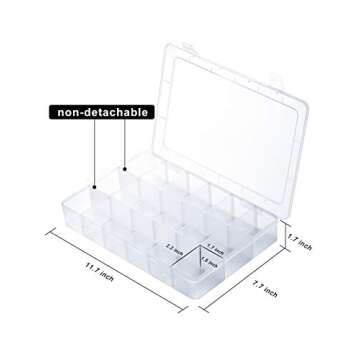 iBune 18 Grids Large Plastic Compartment Container, Bead Storage Organizer Box Case with Adjustable Removable Dividers for Jewelry Craft Tackles Tools, Size 11.7 x 7.7 x 1.7 in, White