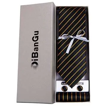 DiBanGu Mens Striped Tie Silk Woven Necktie and Pocket Square Cufflinks Tie Clip Set Wedding Business Formal Gift Tie for Men, Gold and Black