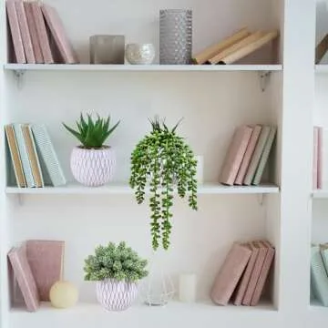 Winlyn 3 Pcs Small Faux Potted Plants Artificial Aloe Hops String of Pearls Succulents Plants in Gray Geometric Concrete Pots for Indoor Outdoor Greenery Shelf Home Bathroom Office Desk Tabletop Décor