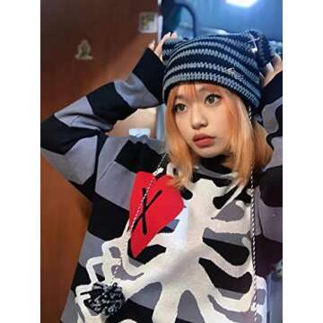 Crochet Hats for Women Vintage Beanies Women Fox Hat Grunge Goth Beanies Hat Y2K Accessories Slouchy Beanies for Women (Black Red)