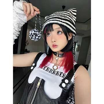 Crochet Hats for Women Vintage Beanies Women Fox Hat Grunge Goth Beanies Hat Y2K Accessories Slouchy Beanies for Women (Black Red)