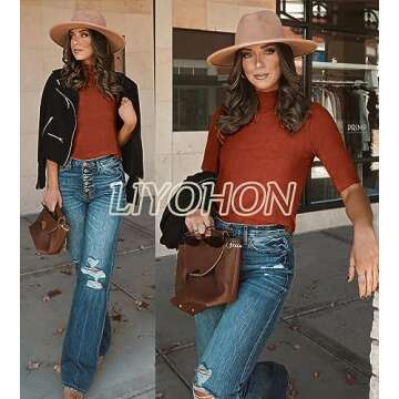 LIYOHON Womens Mock Turtleneck Casual T Shirts - Stylish Tops 2025 Pumpkin-M