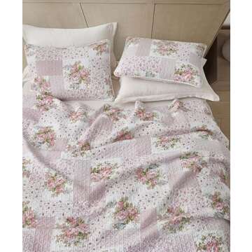 Chezmoi Collection Rosy 2-Piece Twin Size Printed Patchwork Cotton Quilt Set - Pink Flower Floral Striped Polka Dots - Stone Washed Lightweight Bedspread, Twin Size