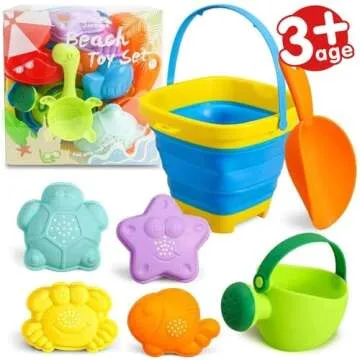 3 otters 15PCS Foldable Beach Bucket, Sand Toys Set Foldable Pail Colorful Beach Bucket with Sand Molds Collapsible Silicone Buckets