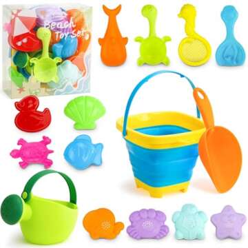 3 otters 15PCS Foldable Beach Bucket, Sand Toys Set Foldable Pail Colorful Beach Bucket with Sand Molds Collapsible Silicone Buckets