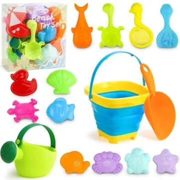 3 otters 15PCS Foldable Beach Bucket, Sand Toys Set Foldable Pail Colorful Beach Bucket with Sand Molds Collapsible Silicone Buckets