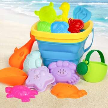 3 otters 15PCS Foldable Beach Bucket, Sand Toys Set Foldable Pail Colorful Beach Bucket with Sand Molds Collapsible Silicone Buckets
