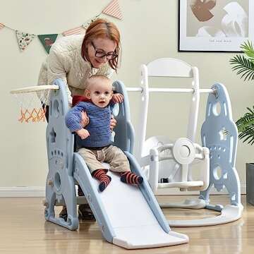 Merax 4-in-1 Baby Slide and Swing Set, Indoor Kids Slide with Basketball Hoop, Climber & Swing, Outdoor Playground Slide for Toddler 1+ Playset (Blue &White) (Blue & White)