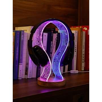 YuanDian Headphone Stand, Walnut Wood Headset Holder with Blue Pink LED Night Light for Gamers, Men, and Music Lovers - Perfect Desk Gift Idea