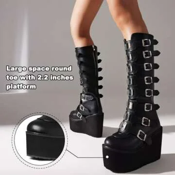 CELNEPHO Womens Chunky Platform Knee High Boots High Heel Round-Toe Zip Punk Goth Mid Calf Combat Boots For Women