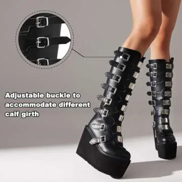 CELNEPHO Womens Chunky Platform Knee High Boots High Heel Round-Toe Zip Punk Goth Mid Calf Combat Boots For Women