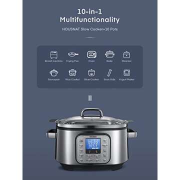 Slow Cooker, HOUSNAT 10 in 1 Programmable Cooker, 6Qt Stainless Steel, Rice Cooker, Yogurt Maker, Delay Start, Steaming Rack and Glass Lid, Adjustable Temp&Time for Slow Cook with Digital Timer