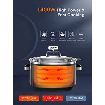 Slow Cooker, HOUSNAT 10 in 1 Programmable Cooker, 6Qt Stainless Steel, Rice Cooker, Yogurt Maker, Delay Start, Steaming Rack and Glass Lid, Adjustable Temp&Time for Slow Cook with Digital Timer