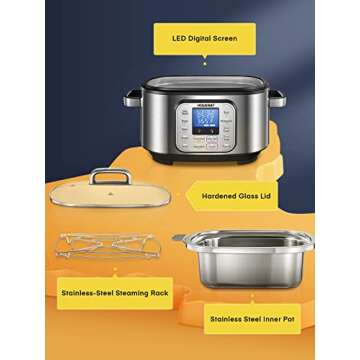 Slow Cooker, HOUSNAT 10 in 1 Programmable Cooker, 6Qt Stainless Steel, Rice Cooker, Yogurt Maker, Delay Start, Steaming Rack and Glass Lid, Adjustable Temp&Time for Slow Cook with Digital Timer