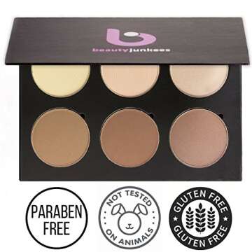 Powder Contour Highlighter Makeup Palette – Beauty Junkees 6 Piece Contouring Highlight Kit for Beginners, Concealer, Bronzer, Refillable Pans, Professional Paraben, Gluten, Cruelty Free Cosmetics
