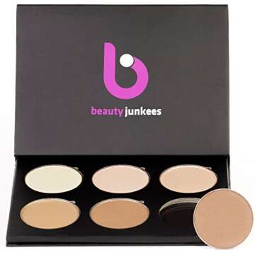 Powder Contour Highlighter Makeup Palette – Beauty Junkees 6 Piece Contouring Highlight Kit for Beginners, Concealer, Bronzer, Refillable Pans, Professional Paraben, Gluten, Cruelty Free Cosmetics