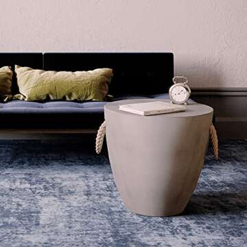 SUNBURY Outdoor Side Table Concrete Side Table, 17" H Small Outdoor Side Table End Table for Patio w Hemp Rope, Ceramic Round CoffeeTable Accent Table Garden Outdoor Plant Stands