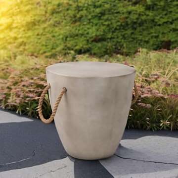 SUNBURY Outdoor Side Table Concrete Side Table, 17" H Small Outdoor Side Table End Table for Patio w Hemp Rope, Ceramic Round CoffeeTable Accent Table Garden Outdoor Plant Stands