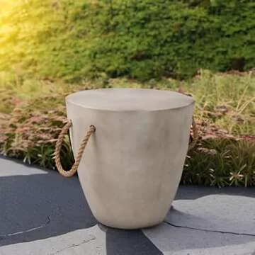 SUNBURY Outdoor Side Table Concrete Side Table, 17" H Small Outdoor Side Table End Table for Patio w Hemp Rope, Ceramic Round CoffeeTable Accent Table Garden Outdoor Plant Stands