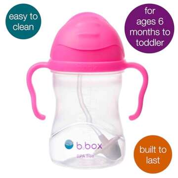 b.box Sippy Cup with Weighted Straw. Drink from any Angle, Leak Proof, Spill Proof, Easy Grip. BPA Free, Dishwasher Safe. For Babies 6m+ to Toddlers (Pink Pomegranate, 8oz)
