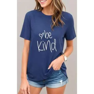 Be Kind T Shirts Women Cute Graphic Blessed Shirt Funny Inspirational Teacher Fall Tees Tops (Navy Crew, L)