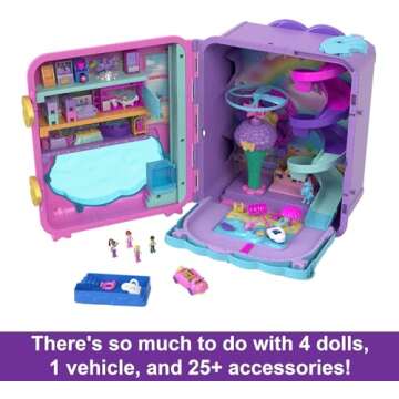 Polly Pocket Pollyville Playset, Resort Rollaway Suitcase, Large Travel Toy with 4 Dolls, Car, 25+ Accessories & Storage