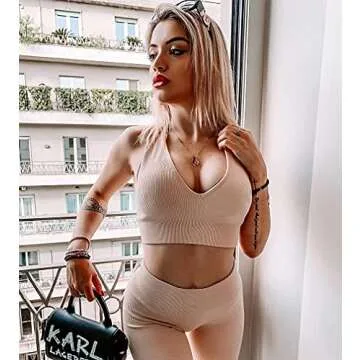 LNSK Women 2 Piece Workout Set Seamless Super Soft Ribbed Deep V Neck Bra Gym Shorts Sports Suit Yoga Outfits Beige