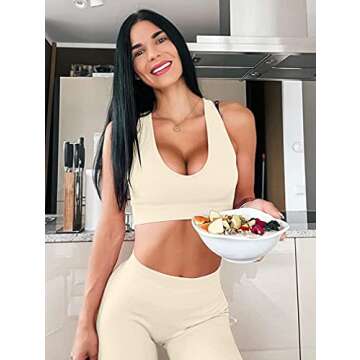 LNSK Women 2 Piece Workout Set Seamless Super Soft Ribbed Deep V Neck Bra Gym Shorts Sports Suit Yoga Outfits Beige