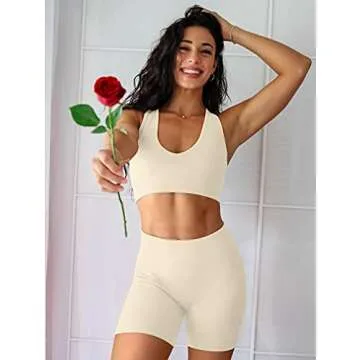 LNSK Women 2 Piece Workout Set Seamless Super Soft Ribbed Deep V Neck Bra Gym Shorts Sports Suit Yoga Outfits Beige