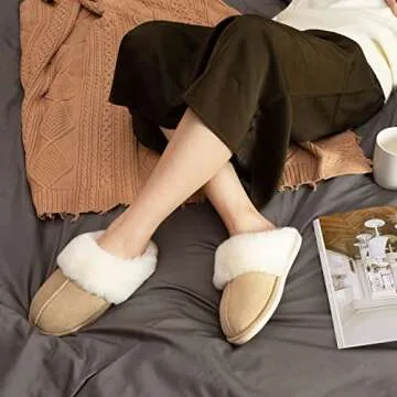 Parlovable Women Slippers with Memory Foam, Fuzzy Warm Bedroom House Shoes, Fluffy Winter Indoor Outdoor Anti-Skid Sole Beige 9-10