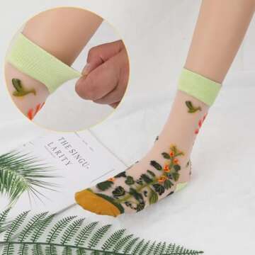 KALIONE 6 Pairs Summer See-Through Socks Vintage Transparent Flower Ankle Socks Floral Sheer Sock Thin Mesh Lace Elastic Glass Jacquard Socks