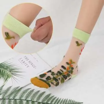KALIONE 6 Pairs Summer See-Through Socks Vintage Transparent Flower Ankle Socks Floral Sheer Sock Thin Mesh Lace Elastic Glass Jacquard Socks