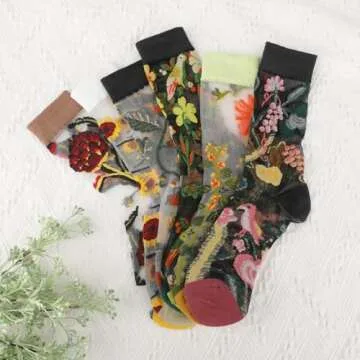 KALIONE 6 Pairs Summer See-Through Socks Vintage Transparent Flower Ankle Socks Floral Sheer Sock Thin Mesh Lace Elastic Glass Jacquard Socks