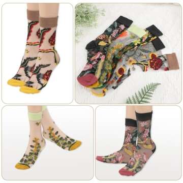 KALIONE 6 Pairs Summer See-Through Socks Vintage Transparent Flower Ankle Socks Floral Sheer Sock Thin Mesh Lace Elastic Glass Jacquard Socks