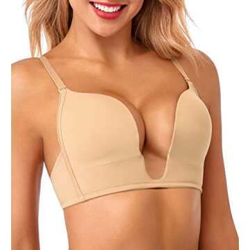 HANSCA Women's Deep Plunge Bra Cleavage Enhancer Low Cut Wireless Bra Padded Push Up (Nude, 32D)
