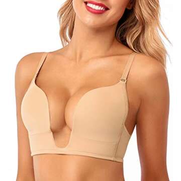 HANSCA Women's Deep Plunge Bra Cleavage Enhancer Low Cut Wireless Bra Padded Push Up (Nude, 32D)