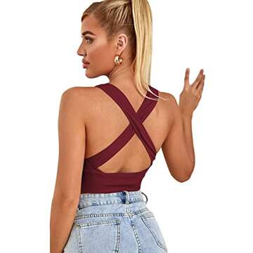 Romwe Women's Deep V Neck Crisscross Back Ribbed Sleeveless Vest Cami Tank Crop Tops Burgundy M