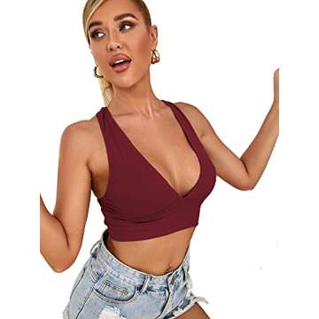 Romwe Women's Deep V Neck Crisscross Back Ribbed Sleeveless Vest Cami Tank Crop Tops Burgundy M