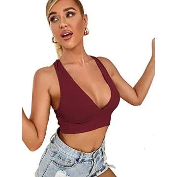 Romwe Women's Deep V Neck Crisscross Back Ribbed Sleeveless Vest Cami Tank Crop Tops Burgundy M