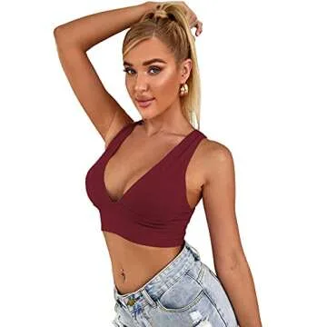 Romwe Women's Deep V Neck Crisscross Back Ribbed Sleeveless Vest Cami Tank Crop Tops Burgundy M
