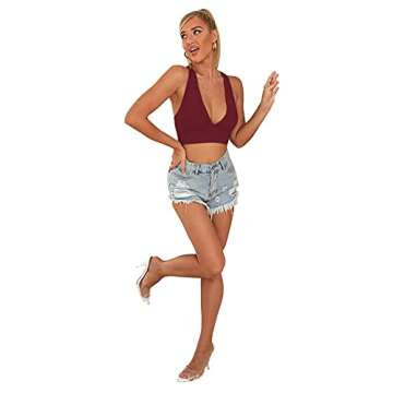 Romwe Women's Deep V Neck Crisscross Back Ribbed Sleeveless Vest Cami Tank Crop Tops Burgundy M