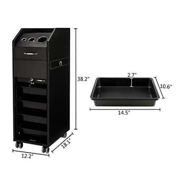 Mefeir Salon Trolley Wooden Stylist Cart with 4 Drawers 4 Rolling Wheels, Lockable Beauty Storage Organizer, Barber Station Hair Styling Cabinet