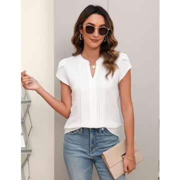 Blooming Jelly Womens Blouses Dressy Causal V Neck Pintuck Short Petal Sleeve Business Tops Ladies Summer 2024 Trendy Shirt (Large, Ivory White)