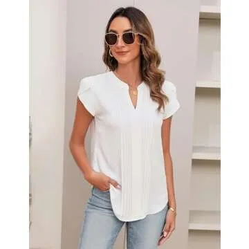 Blooming Jelly Womens Blouses Dressy Causal V Neck Pintuck Short Petal Sleeve Business Tops Ladies Summer 2024 Trendy Shirt (Large, Ivory White)