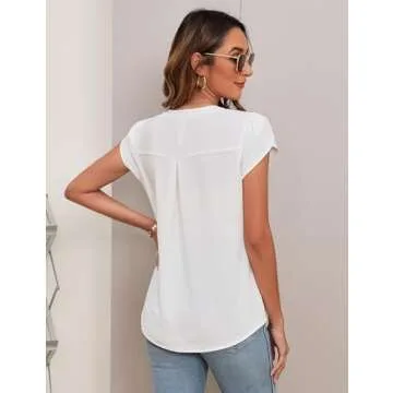 Blooming Jelly Womens Blouses Dressy Causal V Neck Pintuck Short Petal Sleeve Business Tops Ladies Summer 2024 Trendy Shirt (Large, Ivory White)