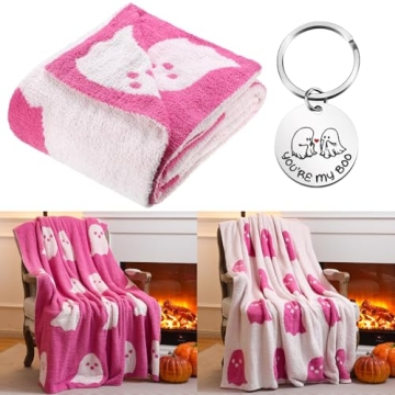 Mindsoft Halloween Ghost Throw Blanket Set Include Pink White Ghost Throw Blanket Cute Blanket Soft Cozy and Cute Ghost Keychain for Living Room Sofa Bed Girlfriend Wife Gifts(Viral Pink)