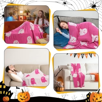 Mindsoft Halloween Ghost Throw Blanket Set Include Pink White Ghost Throw Blanket Cute Blanket Soft Cozy and Cute Ghost Keychain for Living Room Sofa Bed Girlfriend Wife Gifts(Viral Pink)
