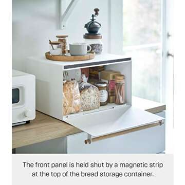 Yamazaki Home Bread Box Keeper Holder Container, Metal Bread Holder Saver, Slim Space Saving Counter Storage Steel + WoodWhite