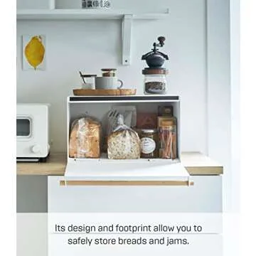 Yamazaki Home Bread Box Keeper Holder Container, Metal Bread Holder Saver, Slim Space Saving Counter Storage Steel + WoodWhite