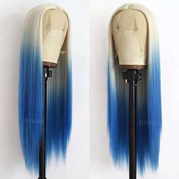 Itimay Long Straight Hair Blonde to Blue Color Wigs Heat Resistant Glueless Hair Ombre Blue Hair Syn...
